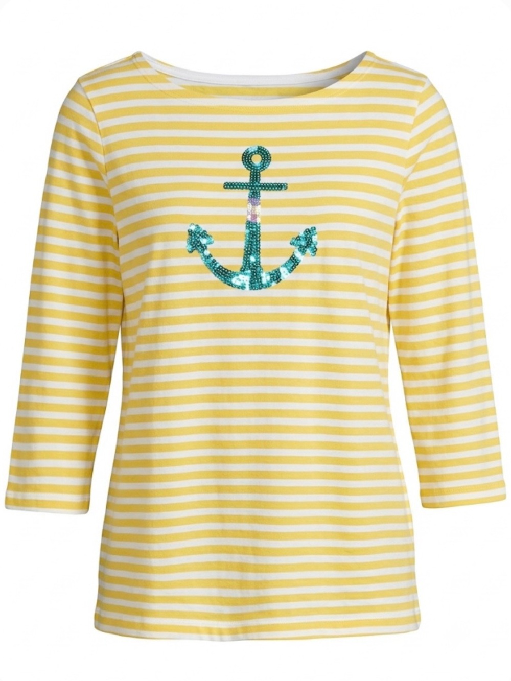 Talbots size medium Yellow Striped Boatneck Top with Teal Sequin Anchor